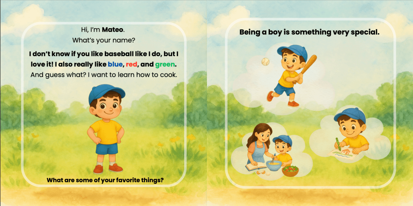 Meet Mateo — a page inviting the child to share their favorite things