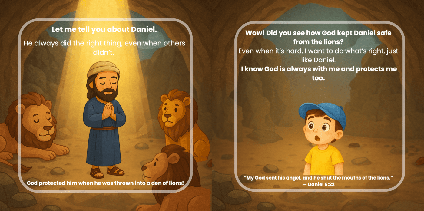 A page about Daniel in the lions' den, quoting Daniel 6:22