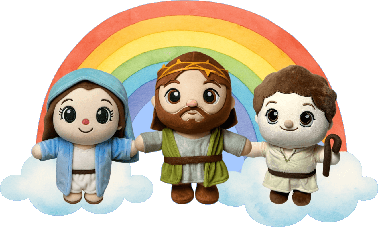 Mary, Jesus and David plush characters holding hands in front of a rainbow