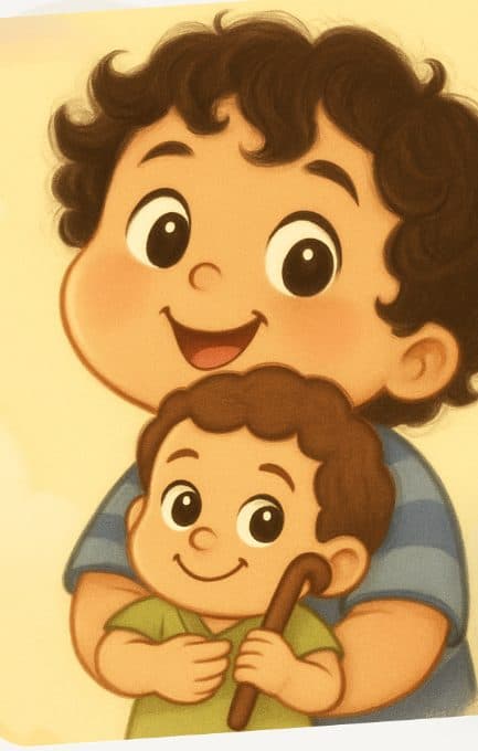 A boy holding the David plush