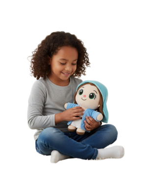 Child hugging Skybow plush toy